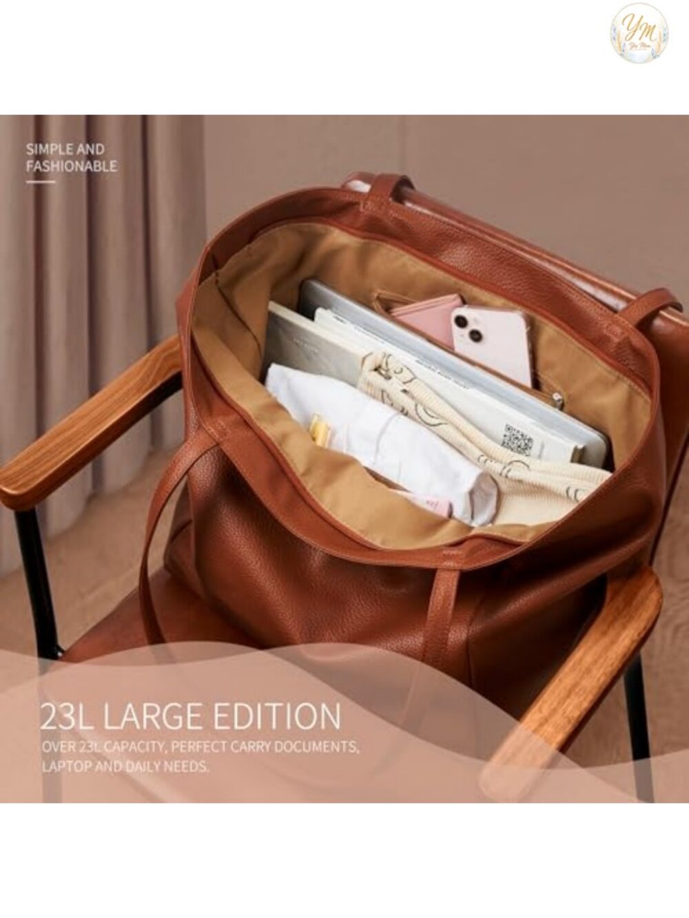 Large Vegan Leather Tote Bag 16L Zipper Work Weekender Hobo Shoulder Purse - Picture 4 of 6